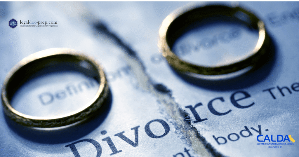 Wedding rings on a torn page with the word divorce – California divorce papers