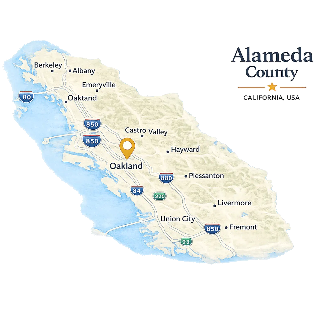 Alameda County map showing Oakland and nearby cities served by LegalDoc-Prep for legal document preparation services in California.
