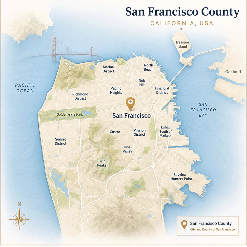 San-Francisco-Map Map of San Francisco County, California, highlighting neighborhoods and service areas served by LegalDoc-Prep for legal document preparation services.
