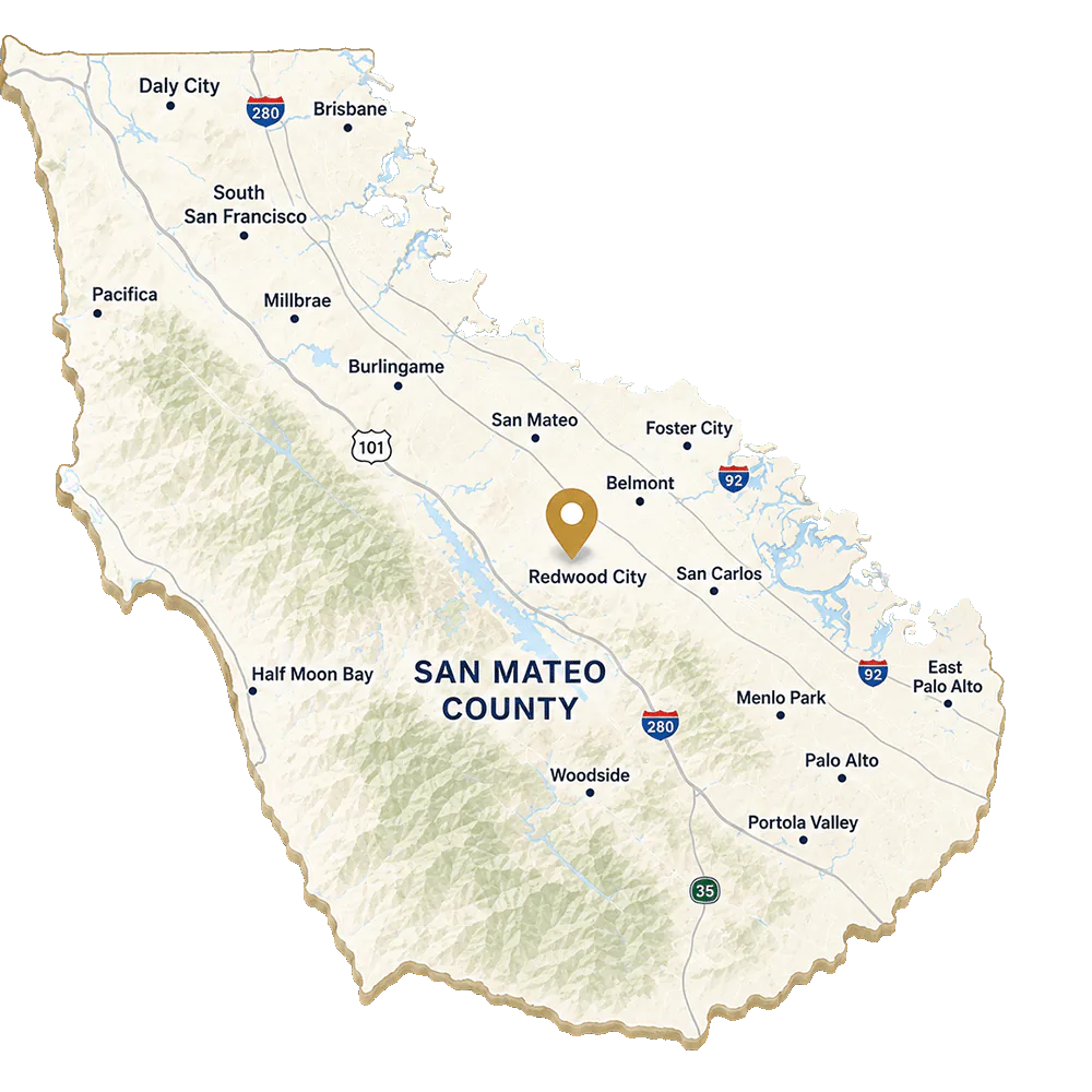 Map of San Mateo County, California, highlighting the communities served by LegalDoc-Prep for legal document preparation services.