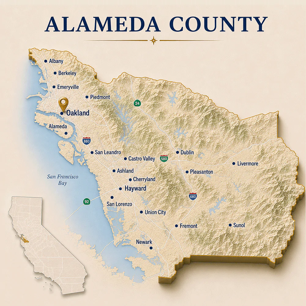 Alameda County legal document preparation map showing Oakland, Fremont, Berkeley, Hayward, Livermore, Pleasanton, Dublin, and surrounding communities in California.