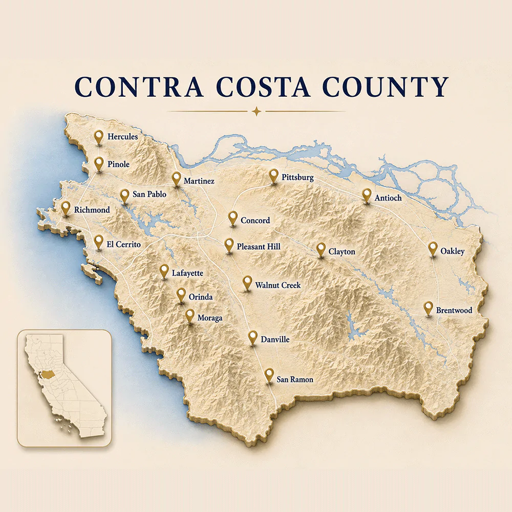 Conta-Costa-Map Contra Costa County legal document preparation map showing Martinez, Concord, Walnut Creek, Richmond, Antioch, San Ramon and surrounding California communities.