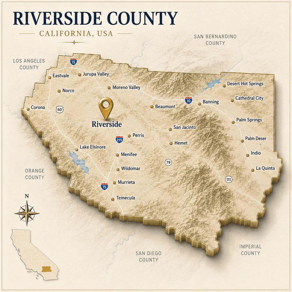 Riverside Map Riverside County legal document preparation map showing Riverside, Corona, Moreno Valley, Temecula, Murrieta, Palm Springs, Indio, and surrounding communities in California.