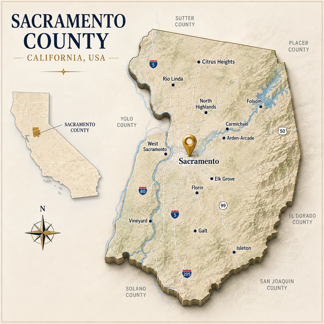 Sacramento County Map Sacramento County Legal Document Preparation Map of Sacramento County, California, showing Sacramento, Elk Grove, Folsom, Citrus Heights, and surrounding communities.