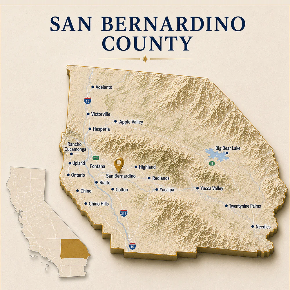 San-Bernardino-COunty-Map San Bernardino County legal document preparation map showing San Bernardino, Ontario, Rancho Cucamonga, Fontana, Victorville, Apple Valley, and surrounding communities in California.