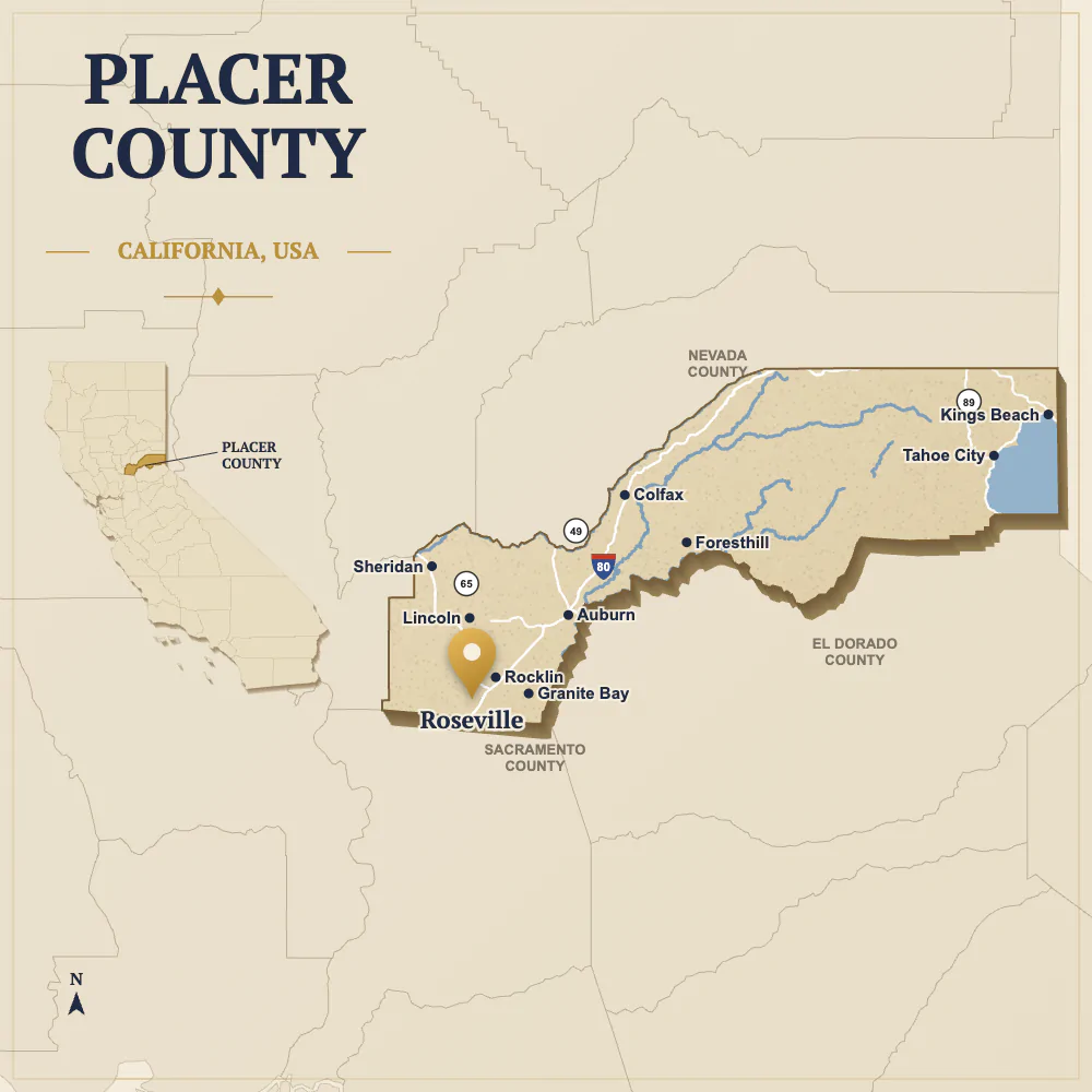 Map of Placer County, California, showing Roseville, Rocklin, Lincoln, Auburn, Colfax and Lake Tahoe